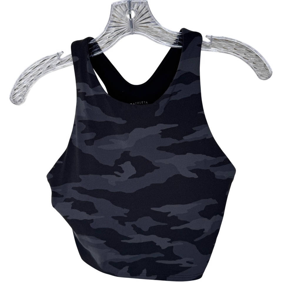 Athleta Conscious Crop Bra Camo High Neck Racerback Sports Bra Tank Black Grey S
